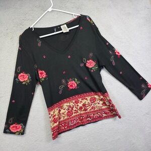 Forbidden Top Womens M Black Floral Paisley Sequins Beaded Boho Peasant Feminine